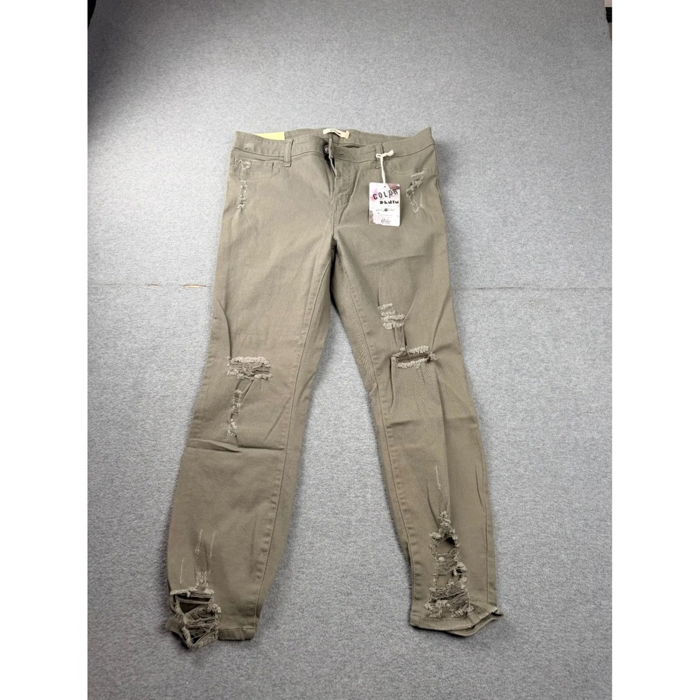 Cello Womens Color Denim Jeans 15 Olive Green Distressed Ripped Stretch NWT